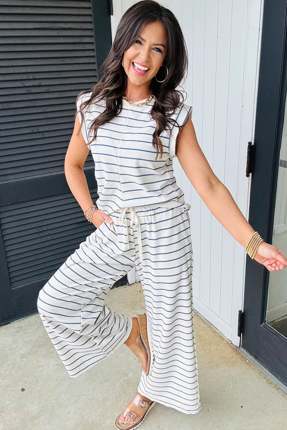 Striped Tee and Wide Leg Pants Set