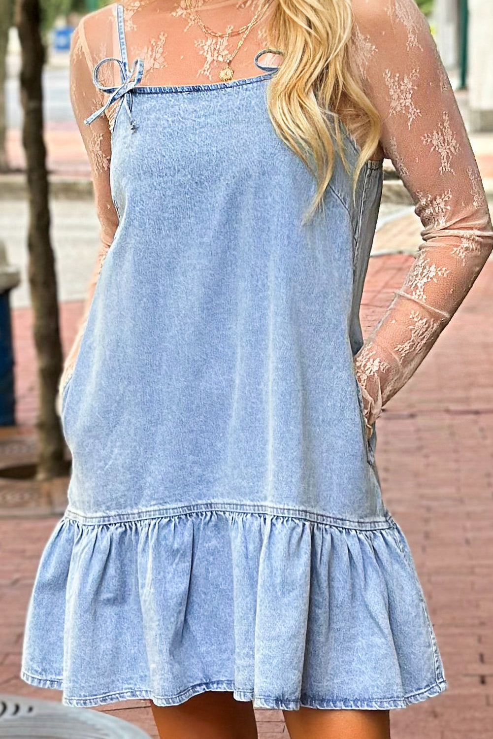 Spaghetti Straps Ruffle Hem Denim Dress