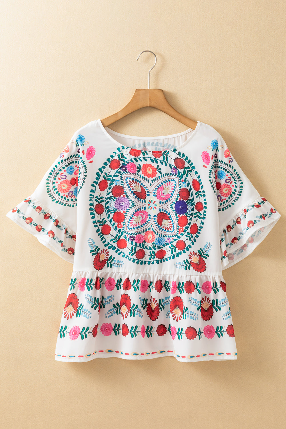 Boho Floral Ruffle Trim Blouse