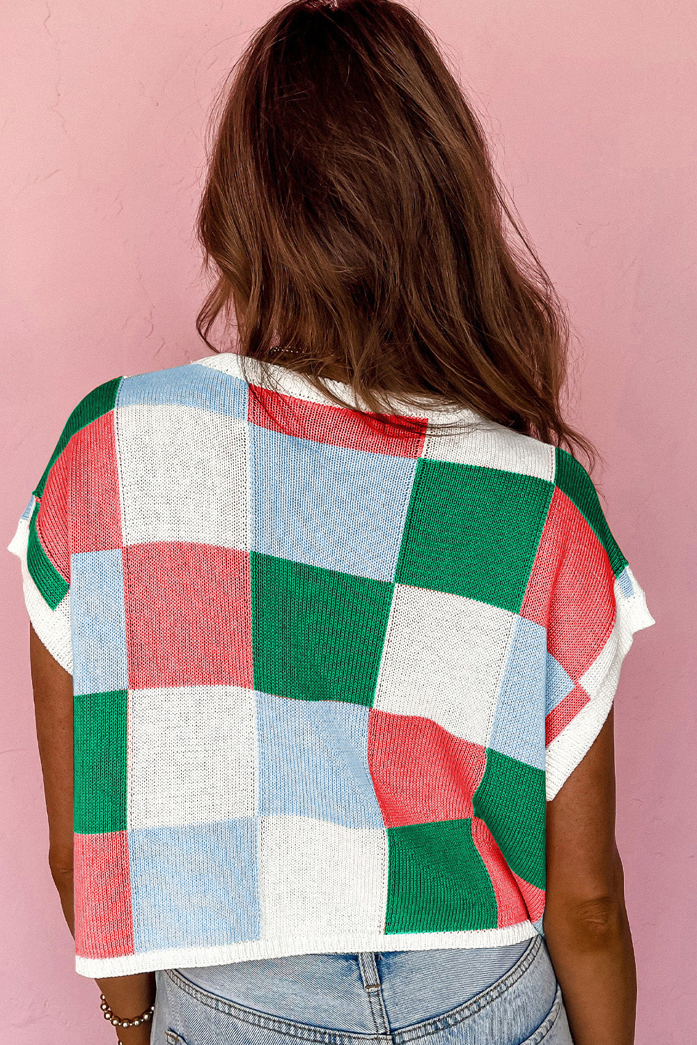 Checkered Color Block Cap Sleeve Sweater