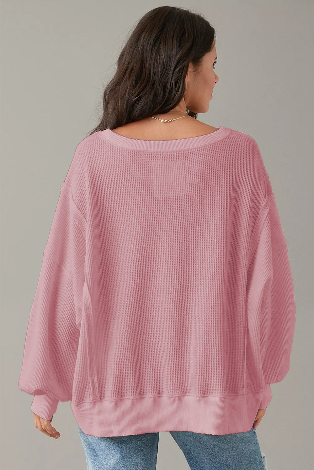 Waffle Knit Bishop Sleeve Split Sweatshirt