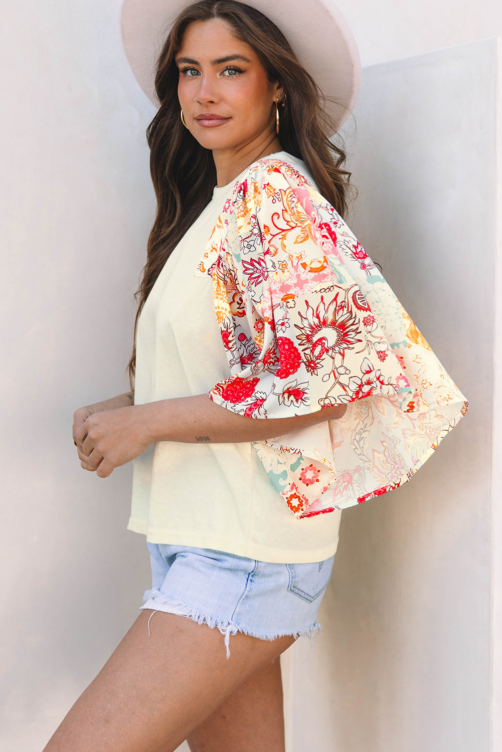 Floral Patchwork Batwing Sleeve Blouse