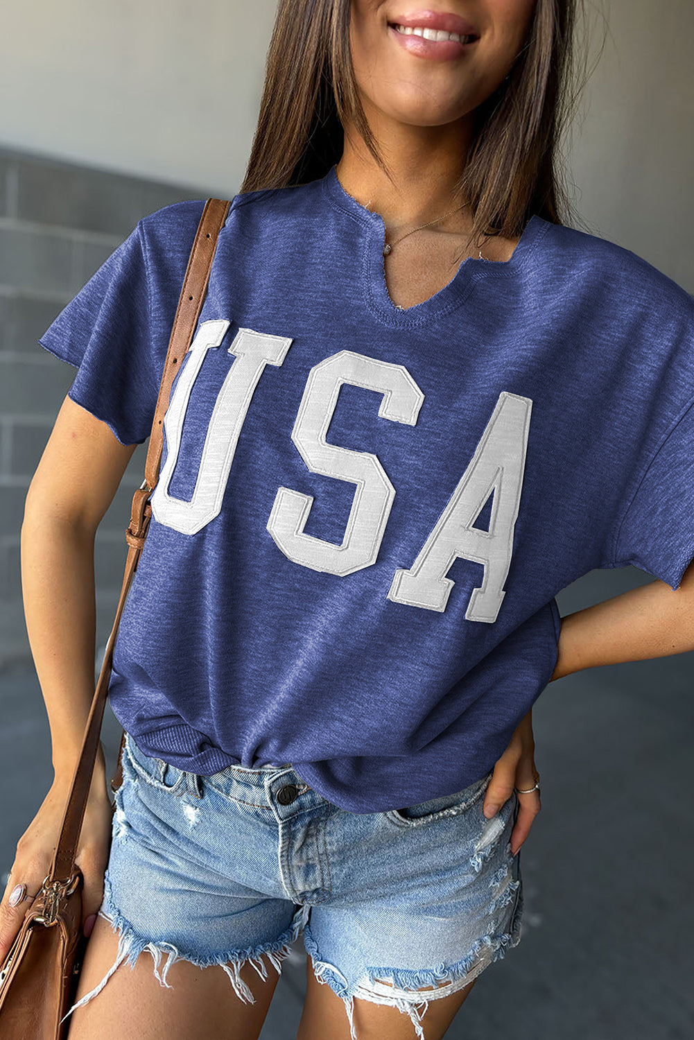 USA Patch Notched Neck Loose Tee