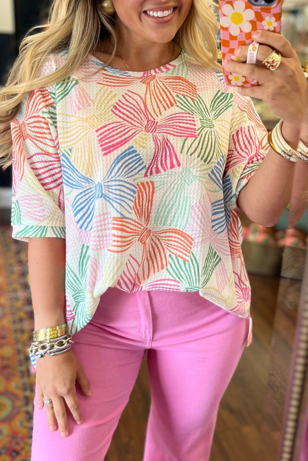 Bowknot Printed Waffle Top