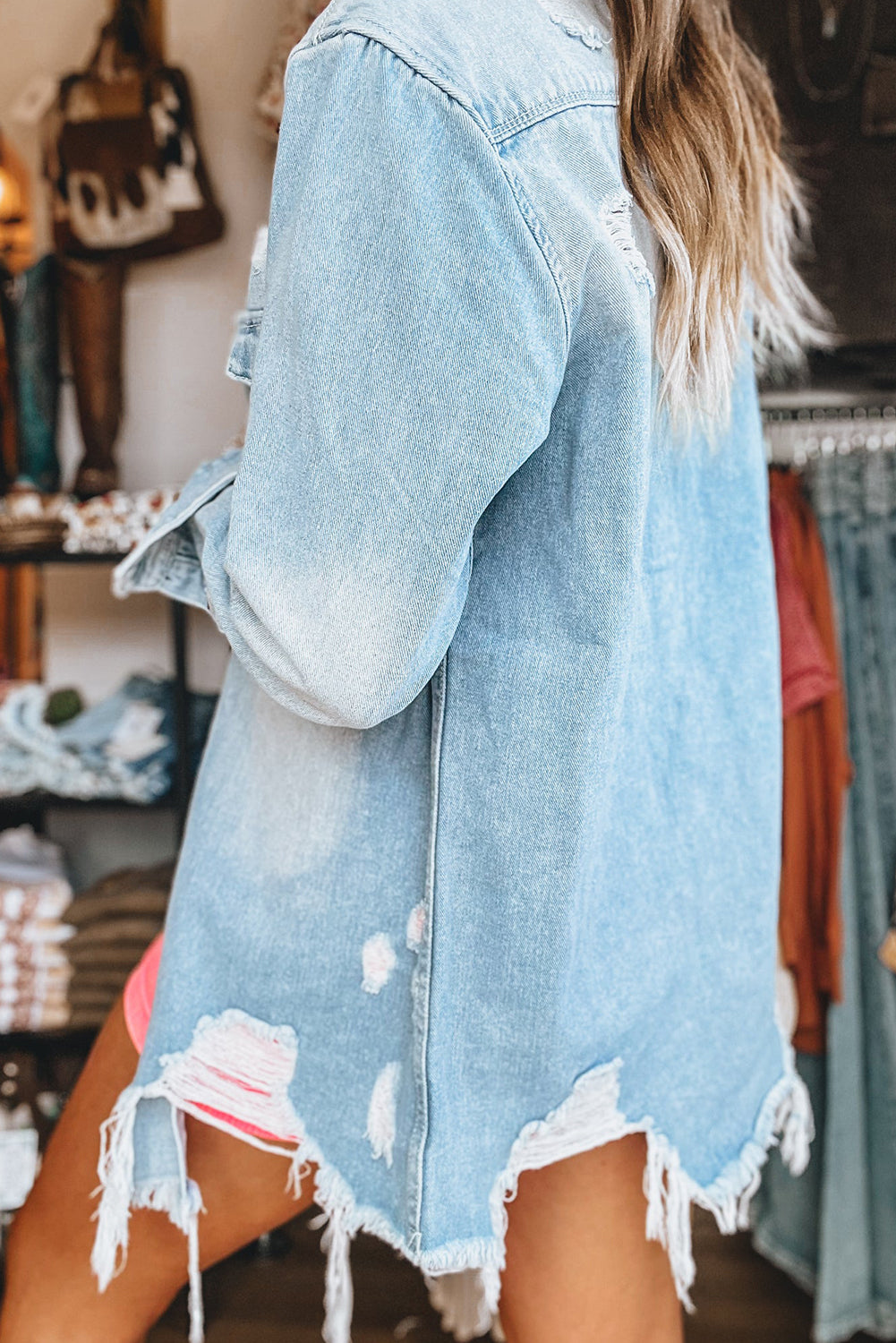 Wash Distressed Frayed Denim Jacket