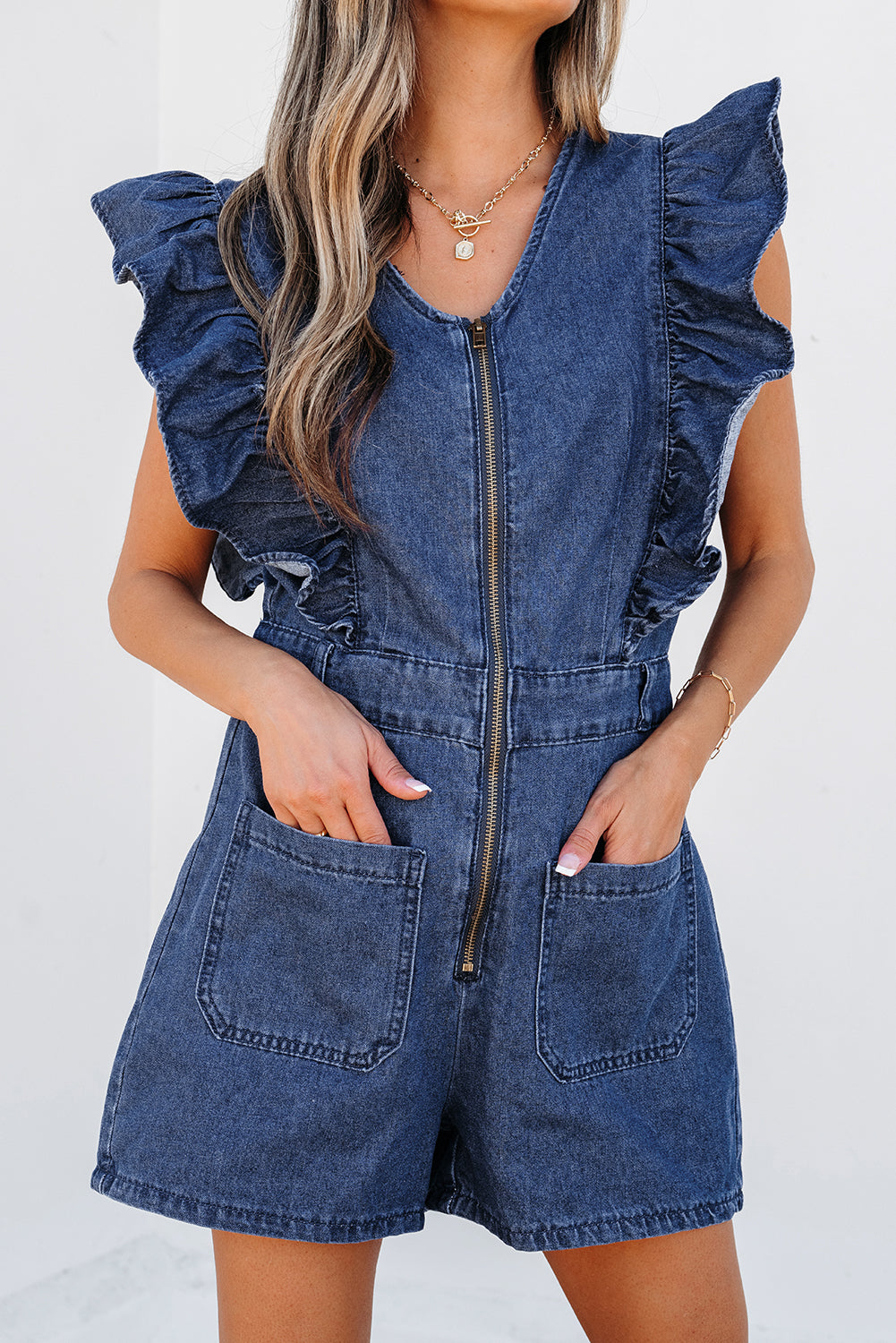 Denim Ruffled Zipped Romper