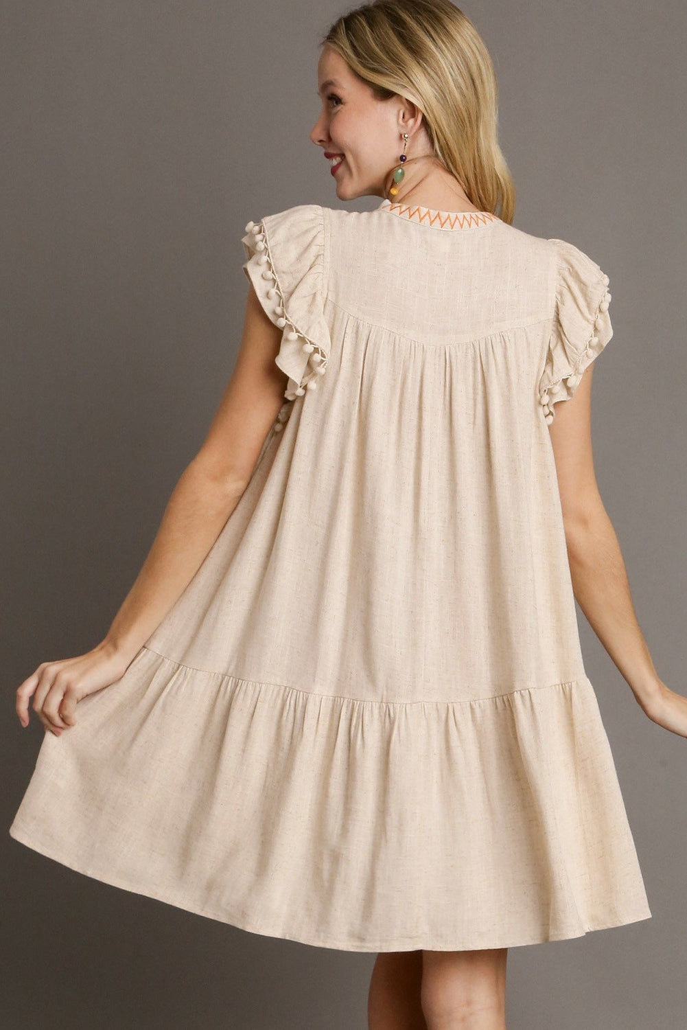 Linen Embroidery Ruffle Sleeves Dress