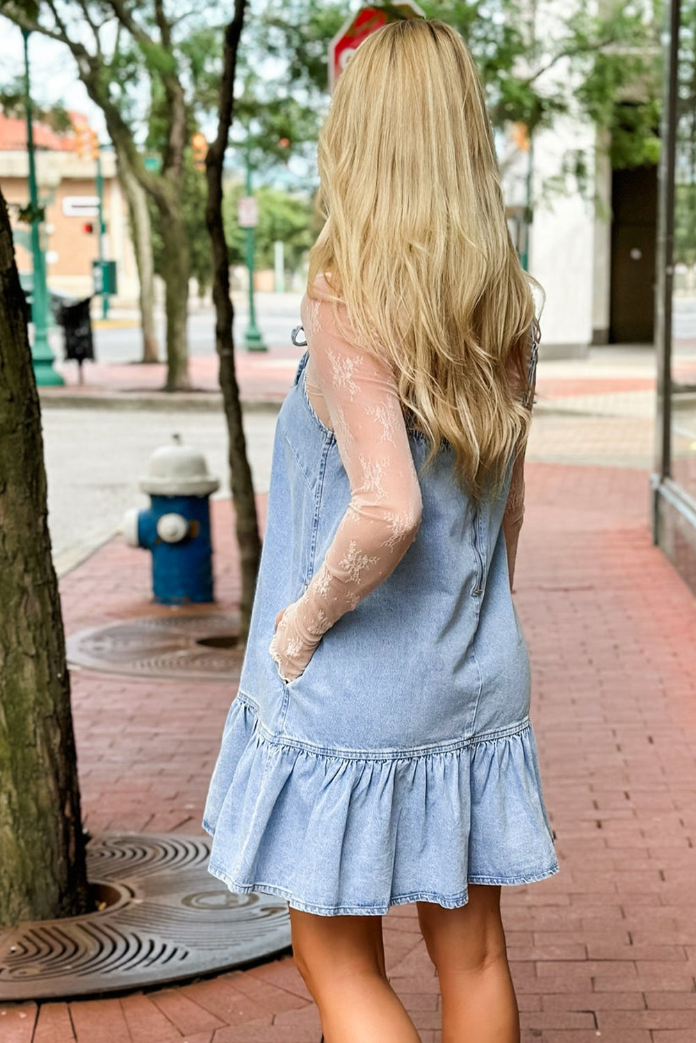 Spaghetti Straps Ruffle Hem Denim Dress