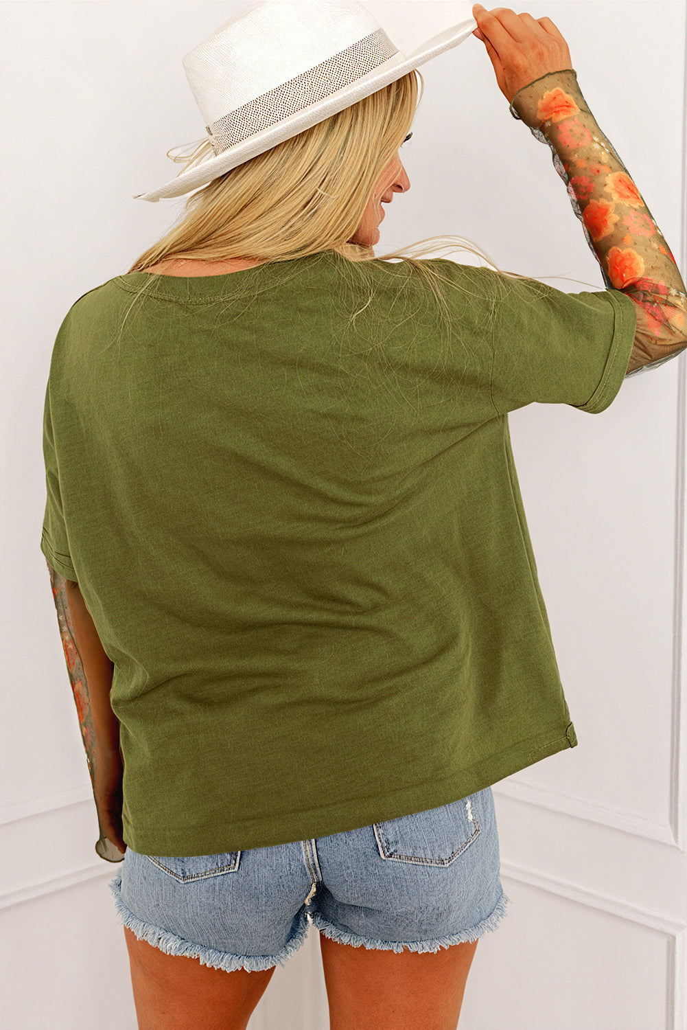 Faux 2 Piece Floral Sleeve Patchwork Tee