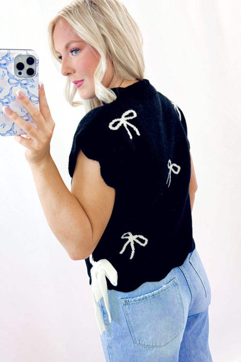 Bow Side Ties Scalloped Hem Sweater