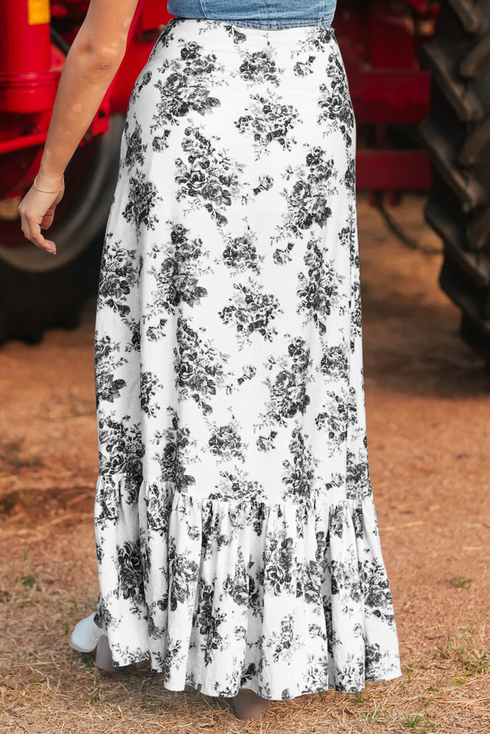 Floral High Waist Ruffle Split Maxi Skirt