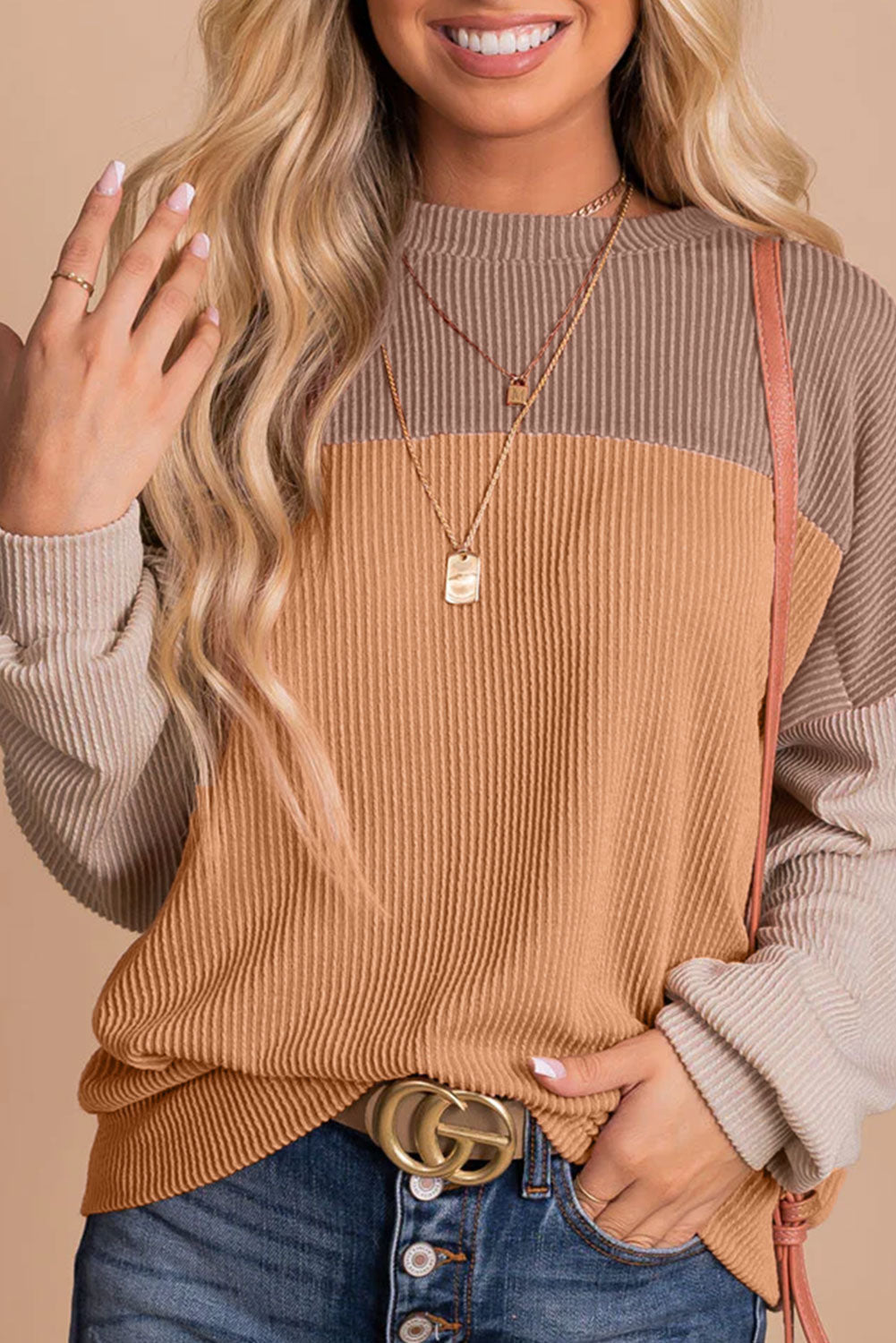 Color Block Long Sleeve Cording Top