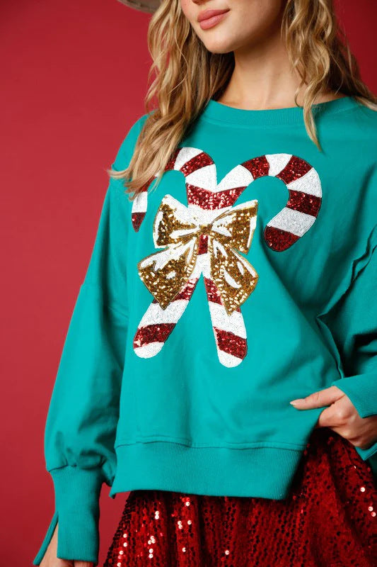 Sequined Candy Cane Terrycloth Sweatshirt