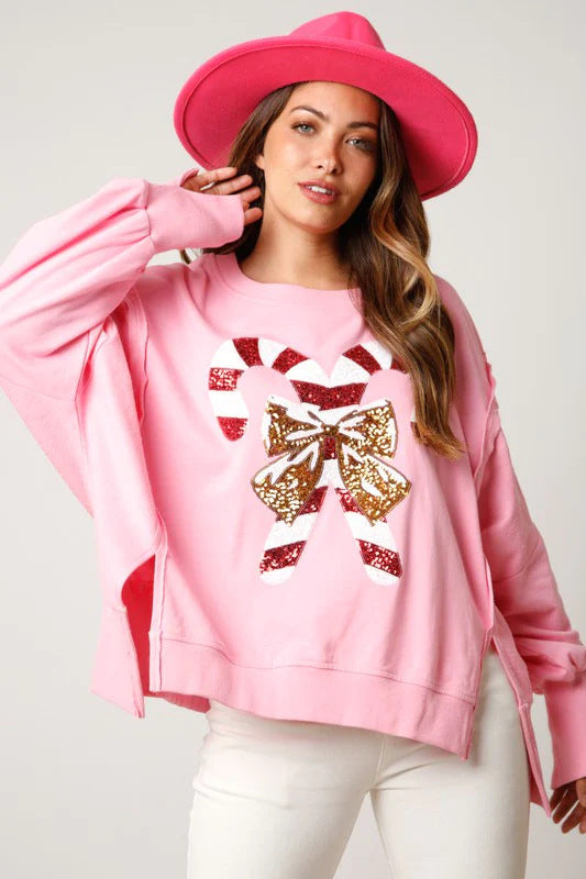 Sequined Candy Cane Terrycloth Sweatshirt