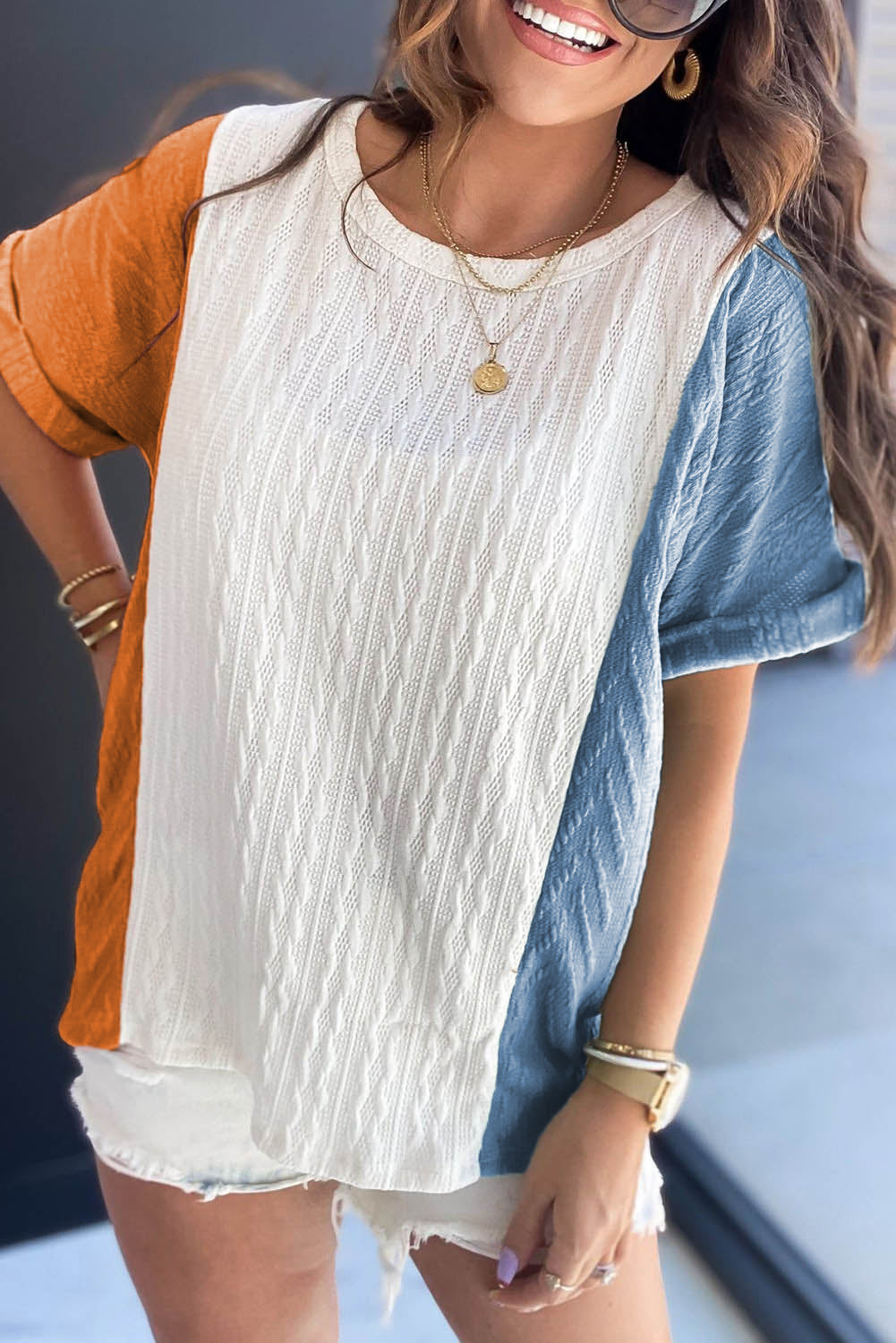 Textured Color Block Loose Fit T Shirt