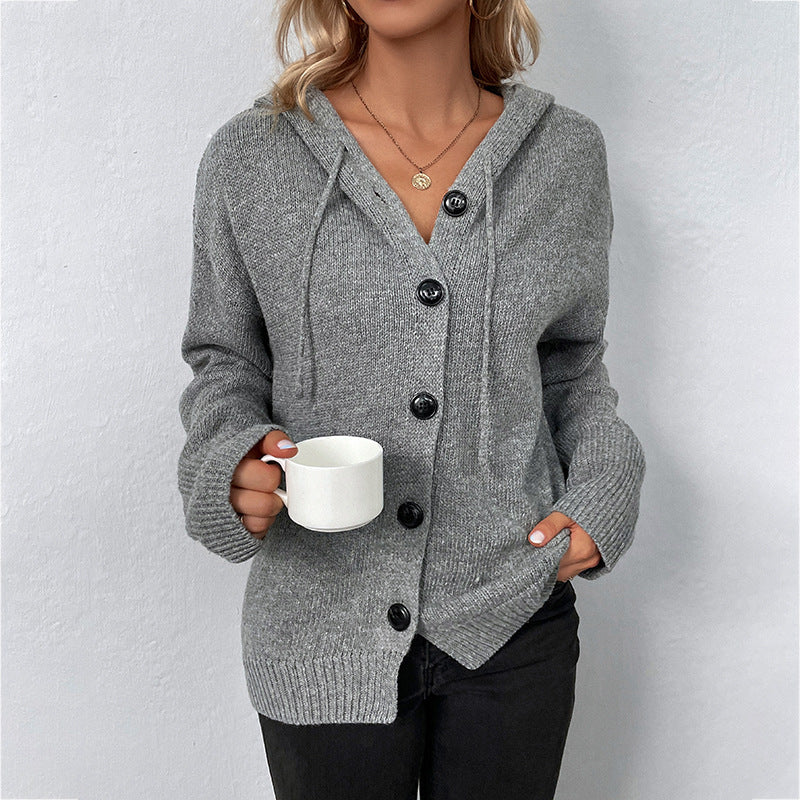 Hooded Drawstring Knit Cardigan