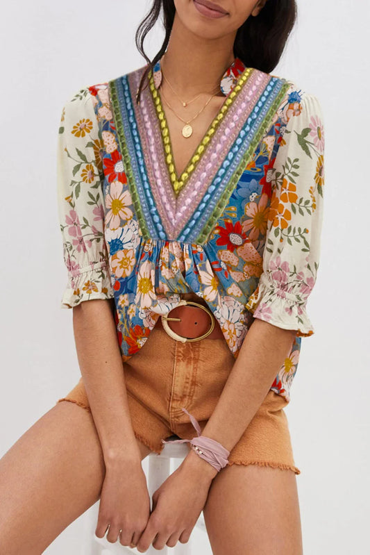 Boho Half Sleeve Floral Print Blouse