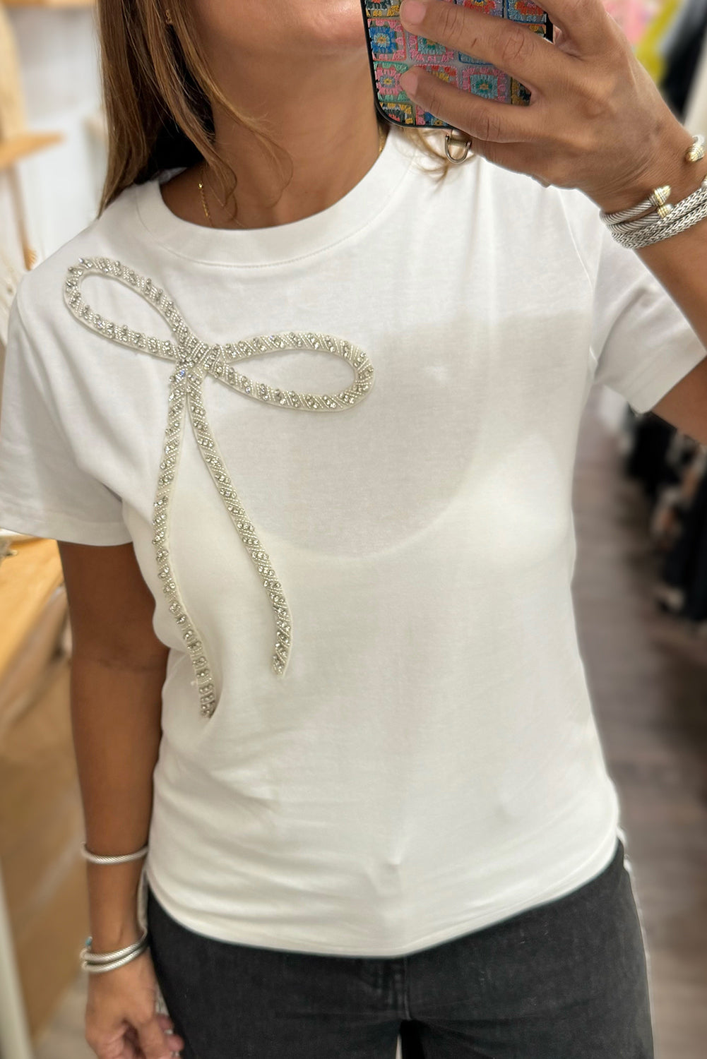 Rhinestone Bow Embellished Tee