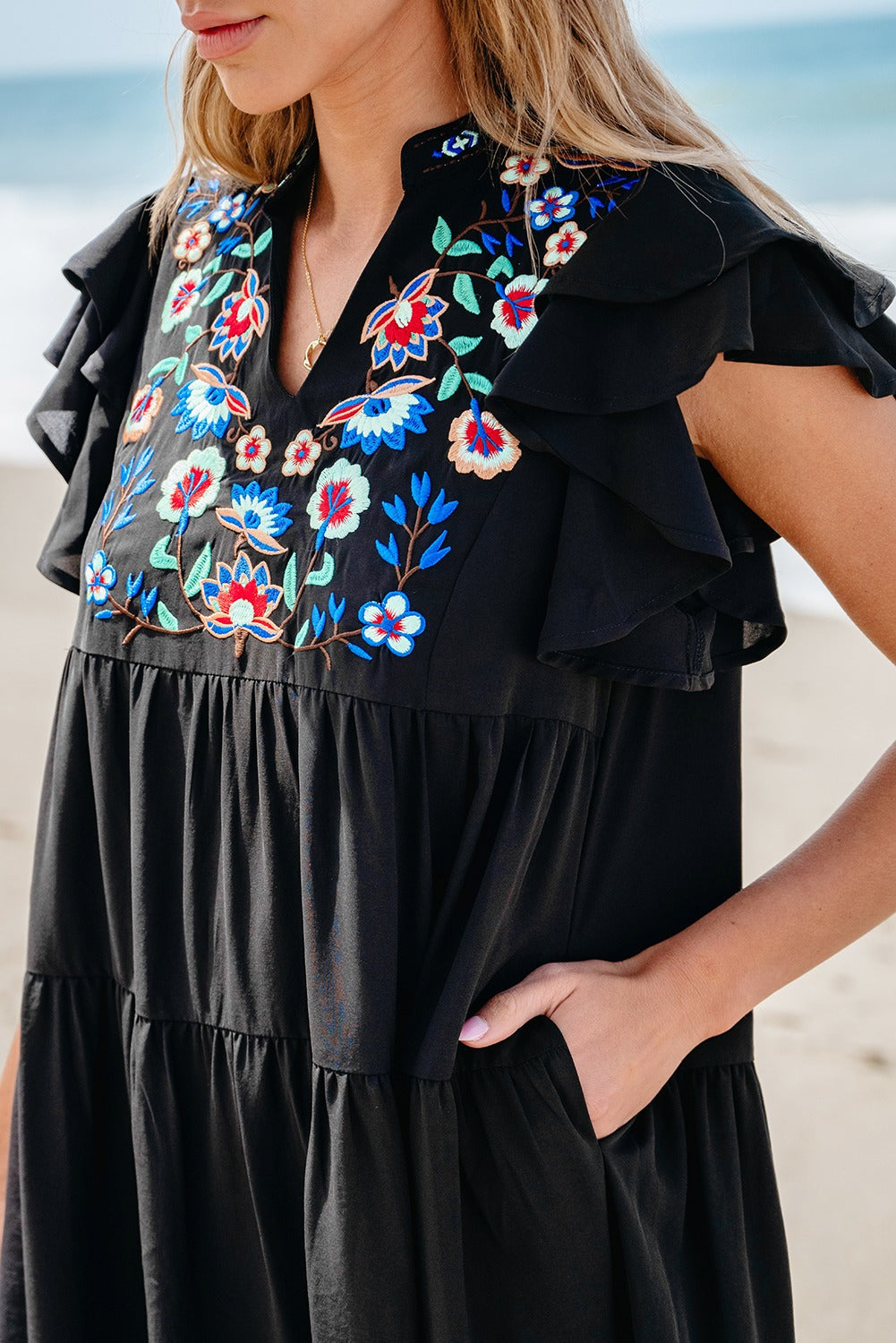 Embroidered Floral Tiered Ruffled Mini Dress