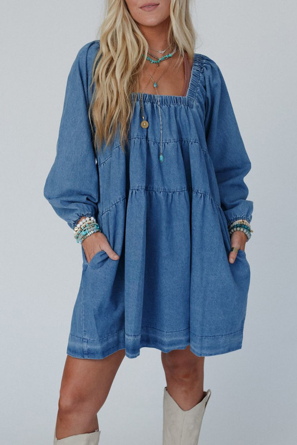 Square Neck Pockets Denim Dress