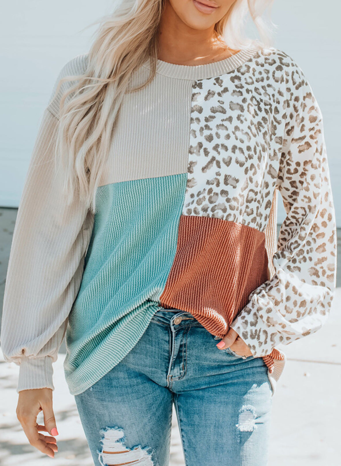 Leopard Patchwork Color Block Long Sleeve Top