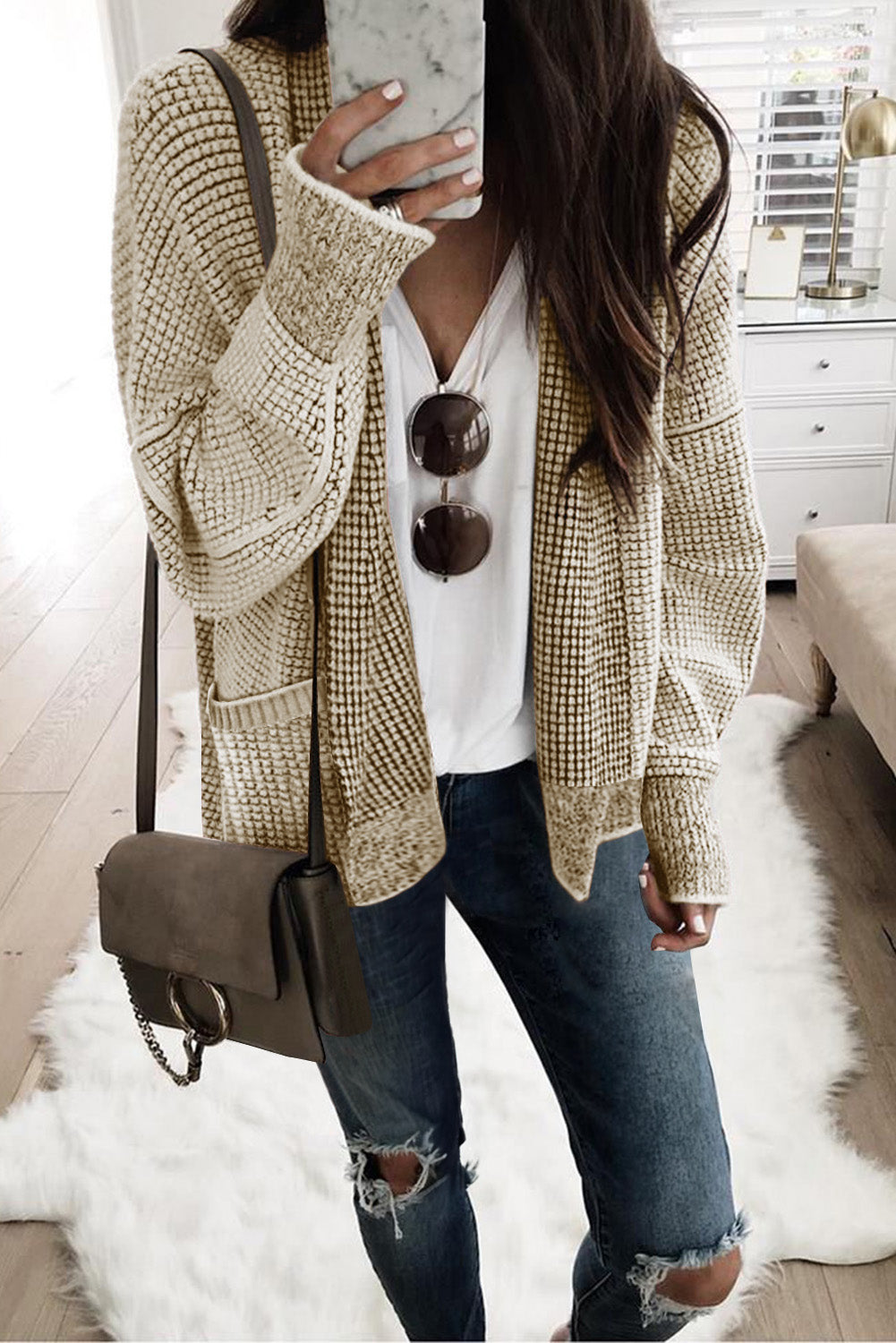 Pocket Chunky Waffle Knit Oversized Collar Cardigan