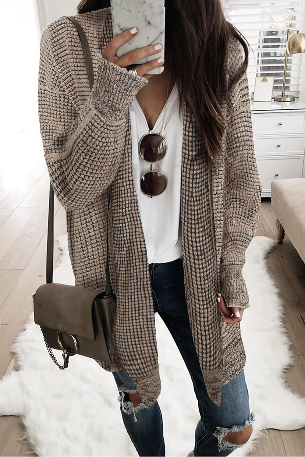 Plaid Knitted Long Open Front Cardigan