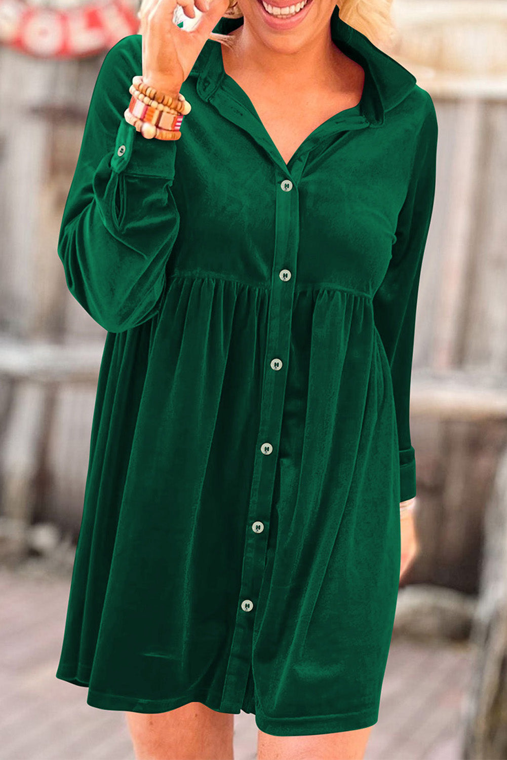 Long Sleeve Ruffle Velvet Button Up Dress