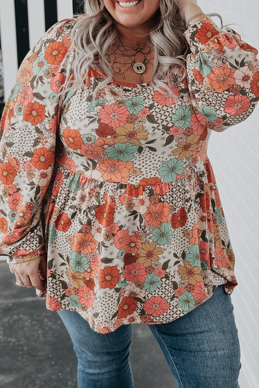 Plus Size Flower Square Neck Blouse