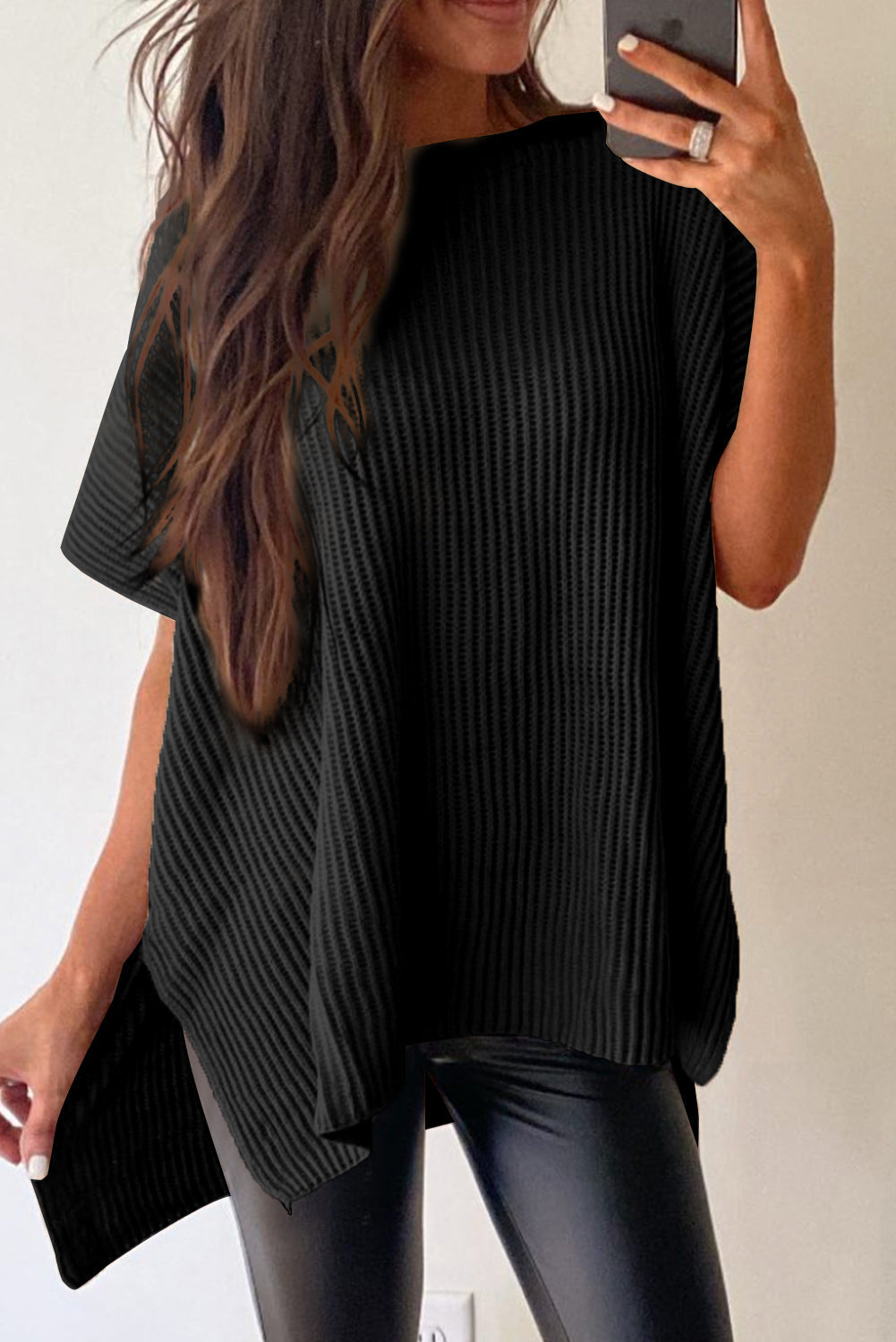 Short Sleeve Side Slit Oversized Sweater