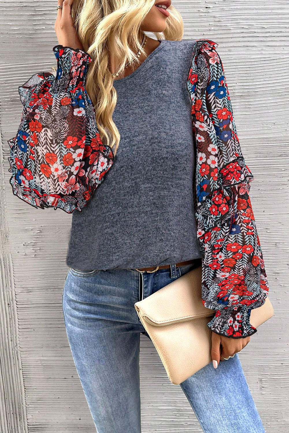 Chestnut Contrast Frilled Floral Sleeve Top