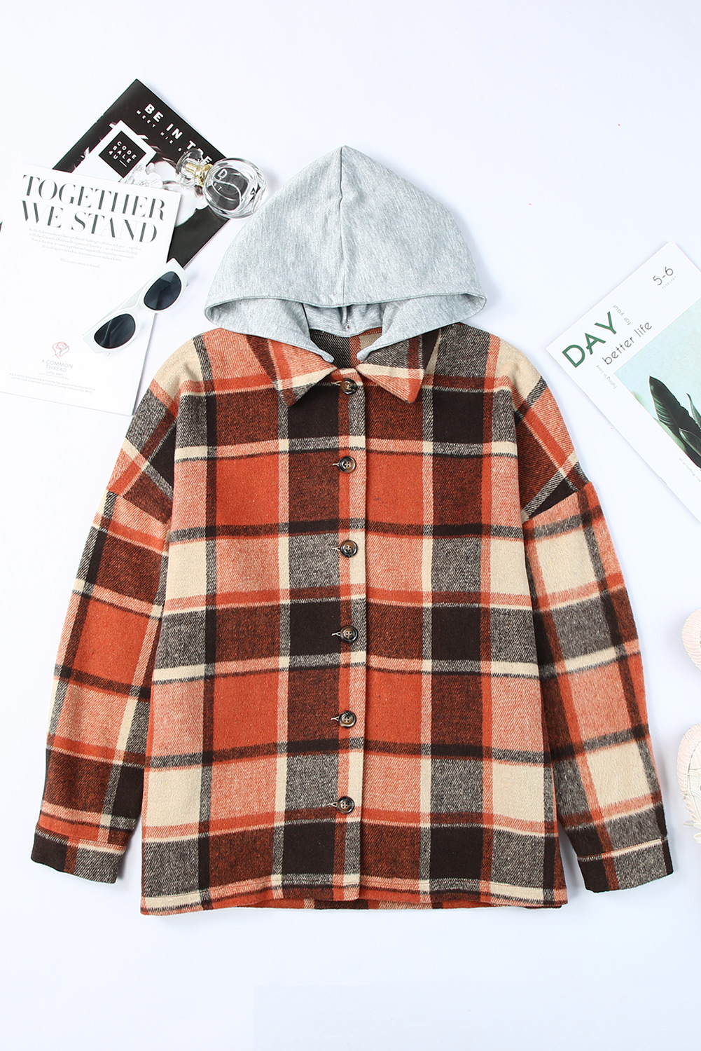 Hooded Plaid Button Front Shacket