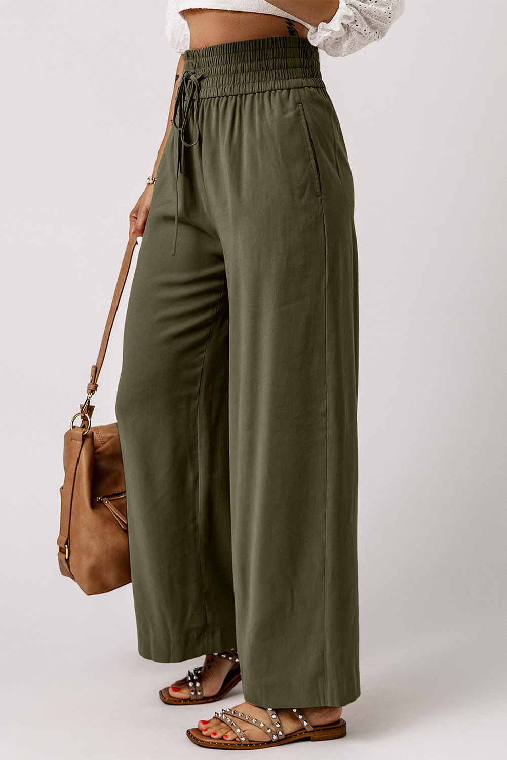 Drawstring Elastic Waist Wide Leg Pants