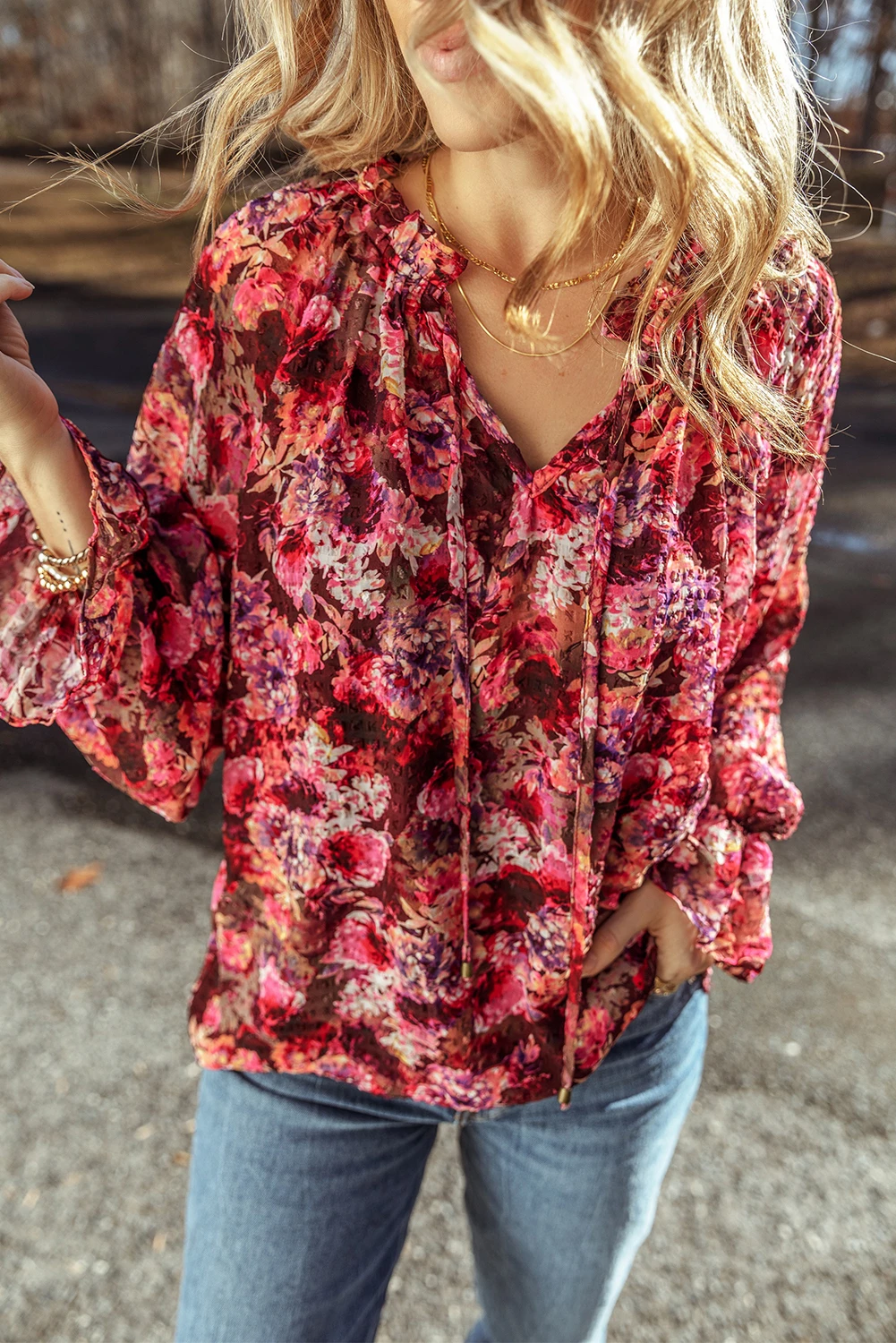 Floral Drawstring Ruffled Blouse