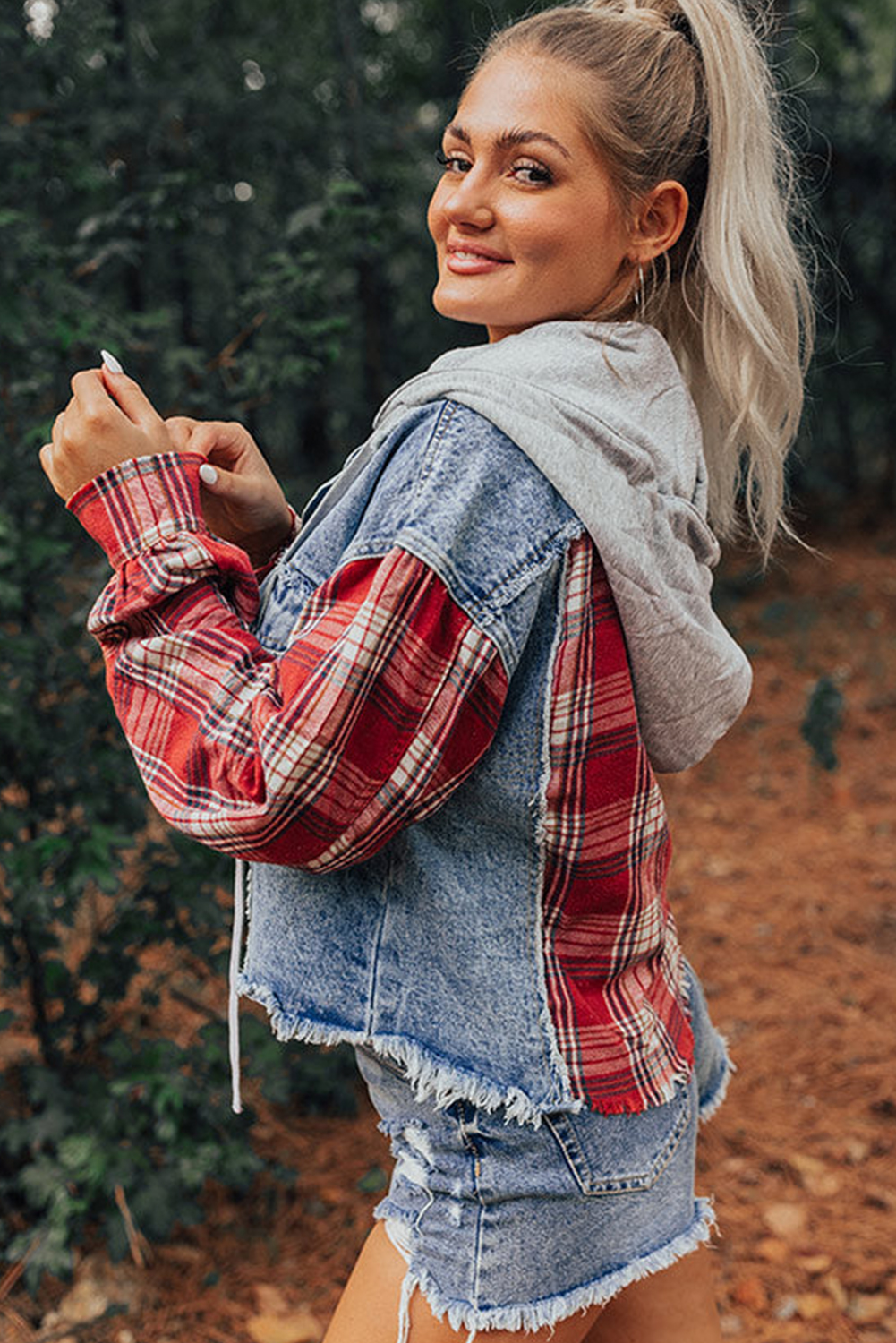 Plaid Patchwork Hooded Denim Jacket