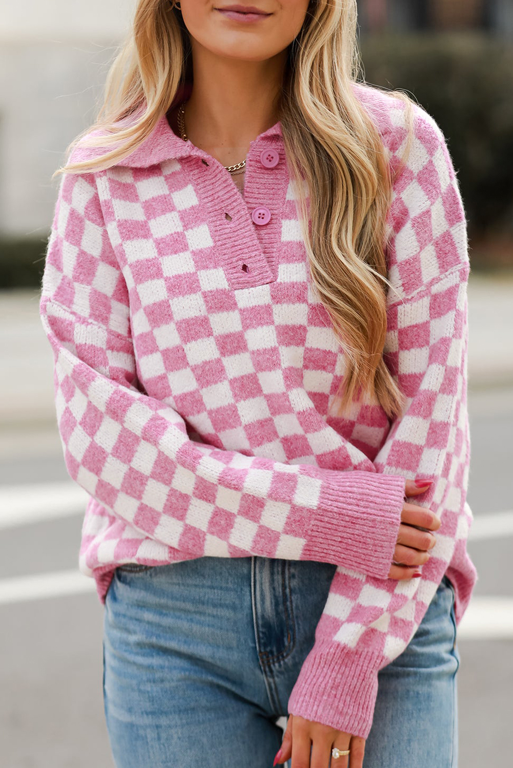 Checkered Buttons Collar Sweater