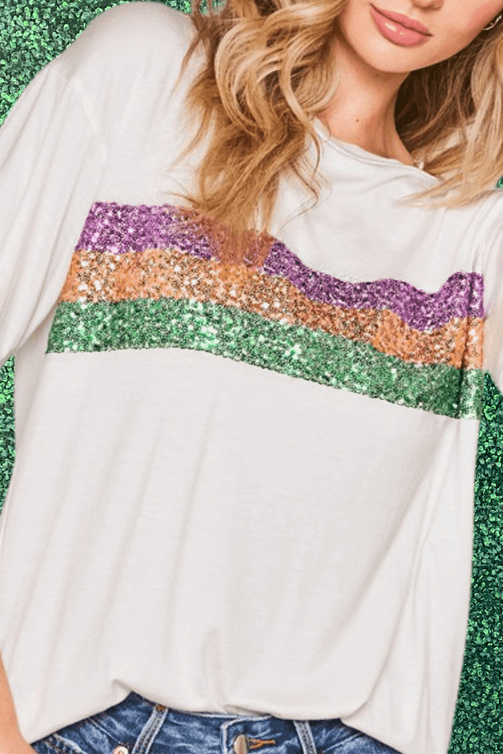 Mardi Gras Sequin Stripes Patchwork T Shirt