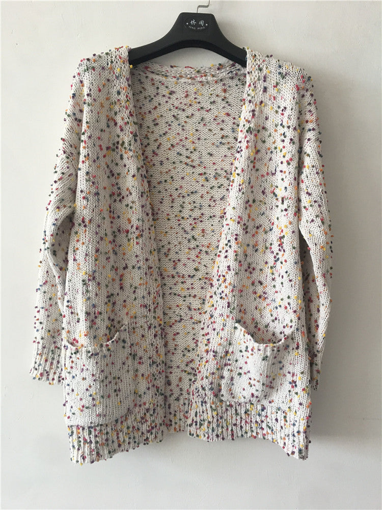 Color Dot Long Sleeve Pocket Sweater Cardigan