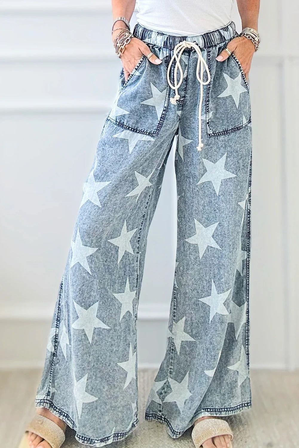 Star Light Wash Drawstring High Waist Wide Leg Jeans