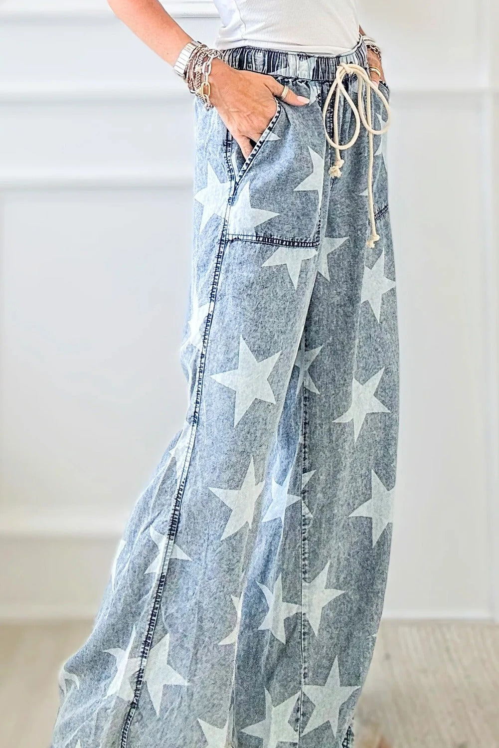 Star Light Wash Drawstring High Waist Wide Leg Jeans