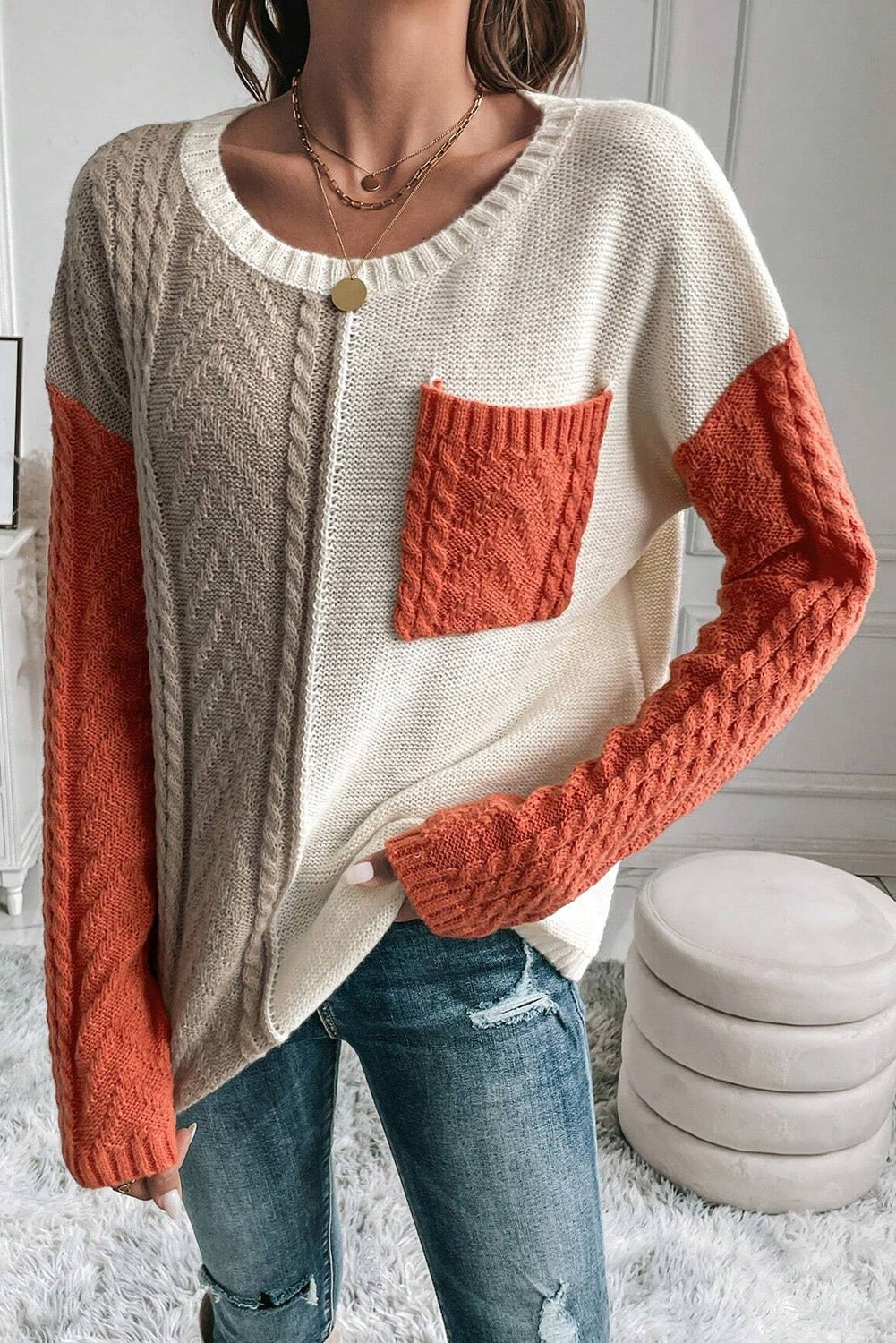 Colorblock Patched Pocket Sweater