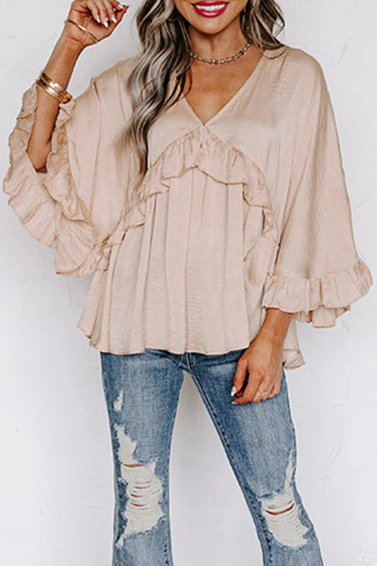 V Neck Pleated Sleeve Ruffle Top