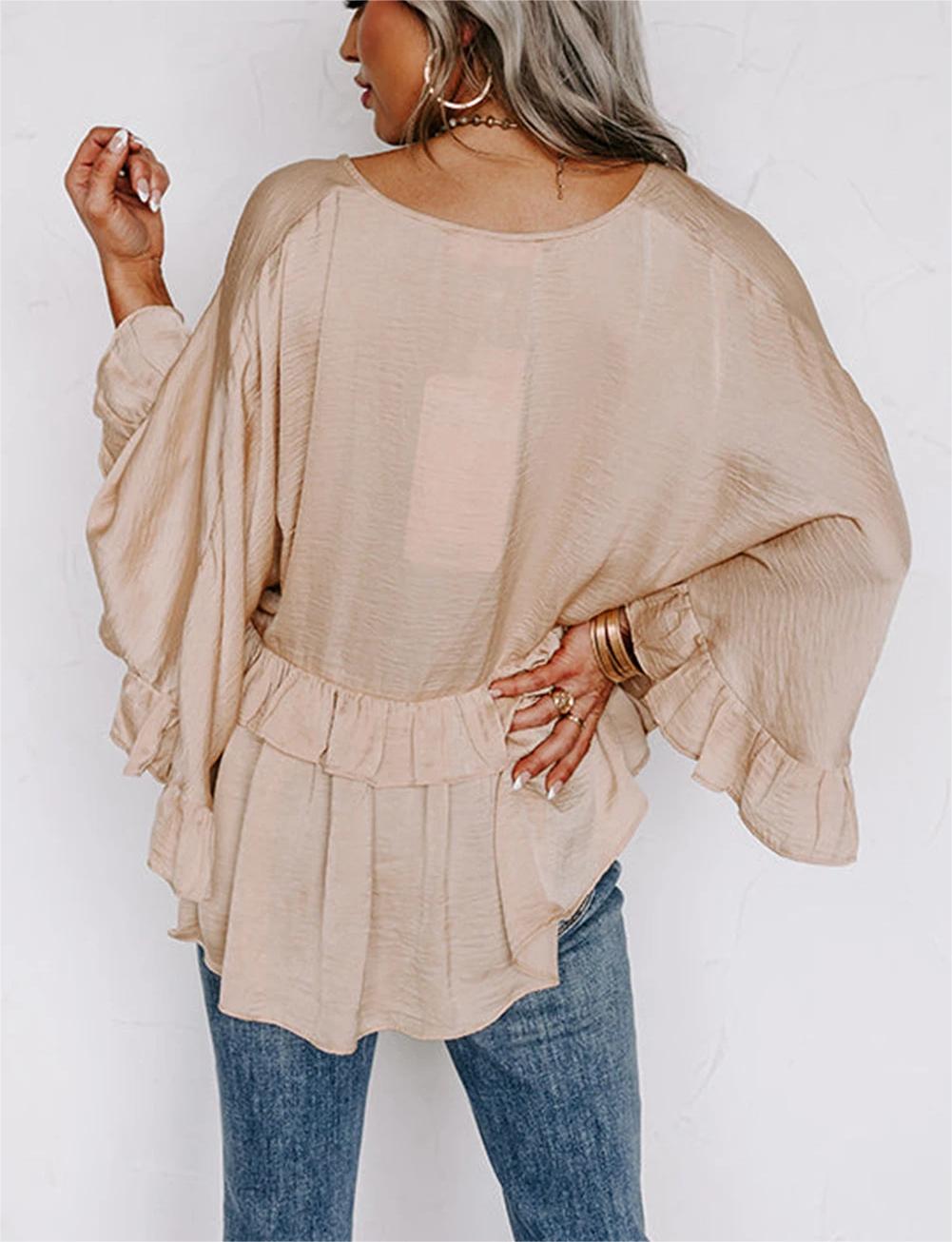 V Neck Pleated Sleeve Ruffle Top
