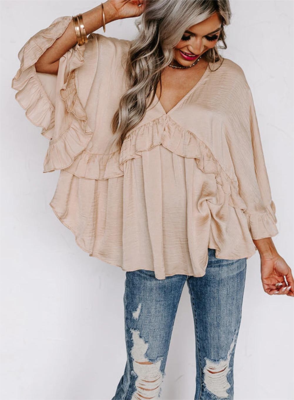 V Neck Pleated Sleeve Ruffle Top