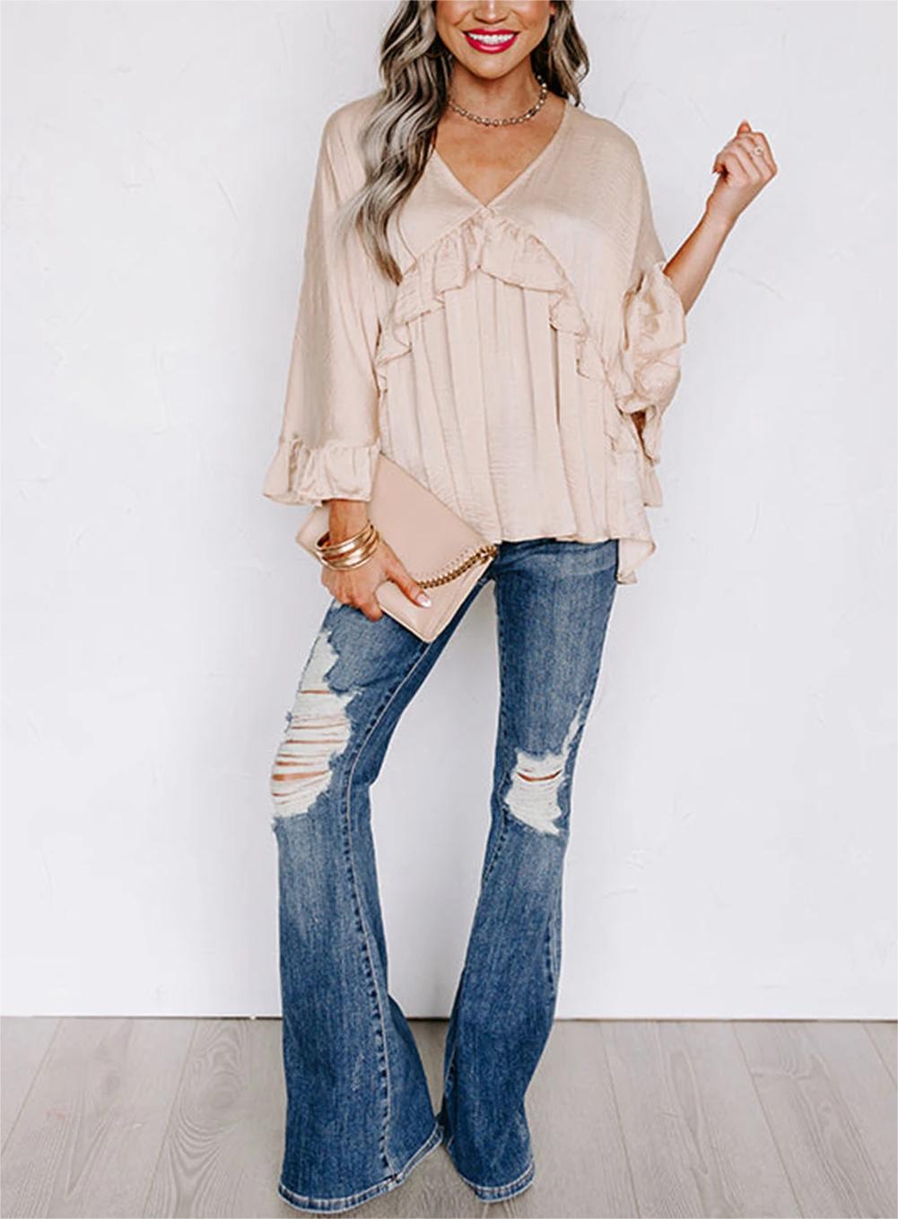 V Neck Pleated Sleeve Ruffle Top