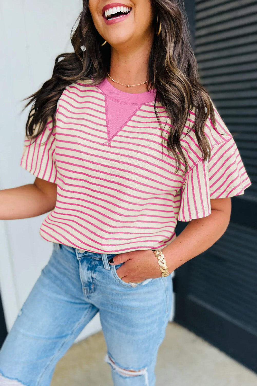 Striped Ruffle Short Sleeve Top