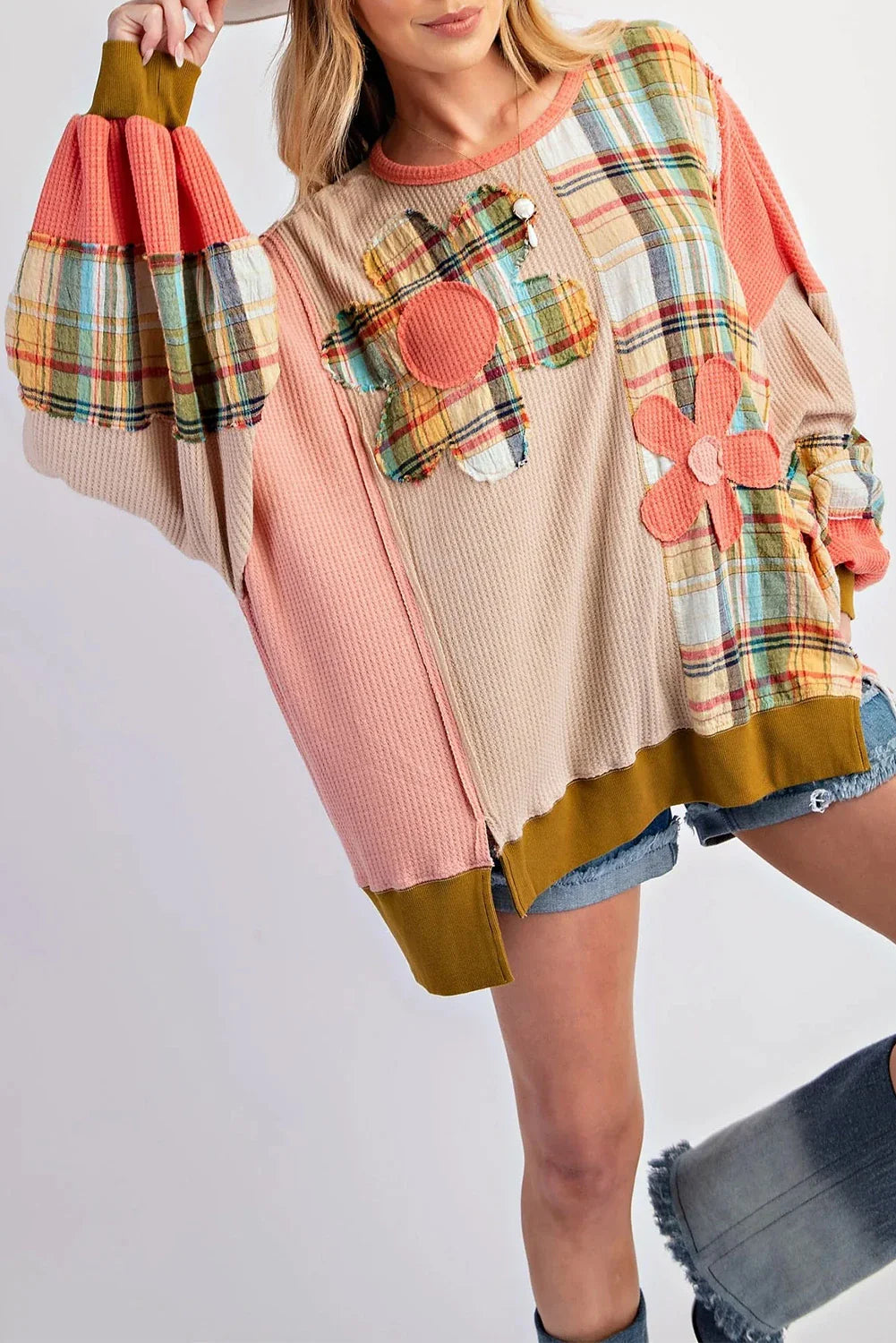 Flower Patchwork Waffle Loose Top