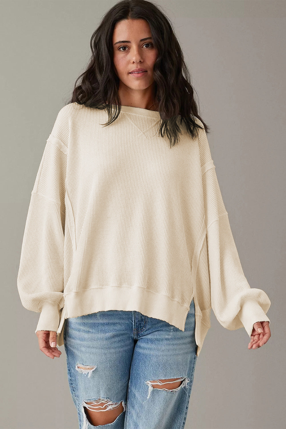 Waffle Knit Bishop Sleeve Split Sweatshirt