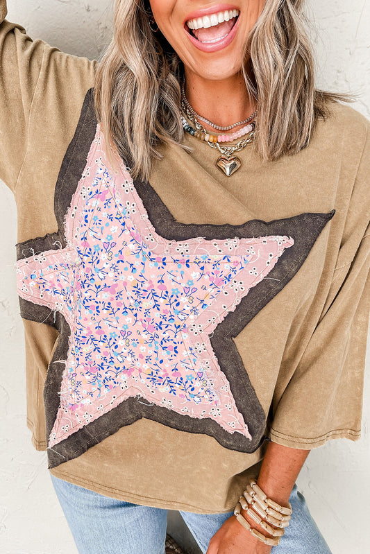 (Pre order/10.30)Star Patchwork 3/4 Wide Sleeve Tee