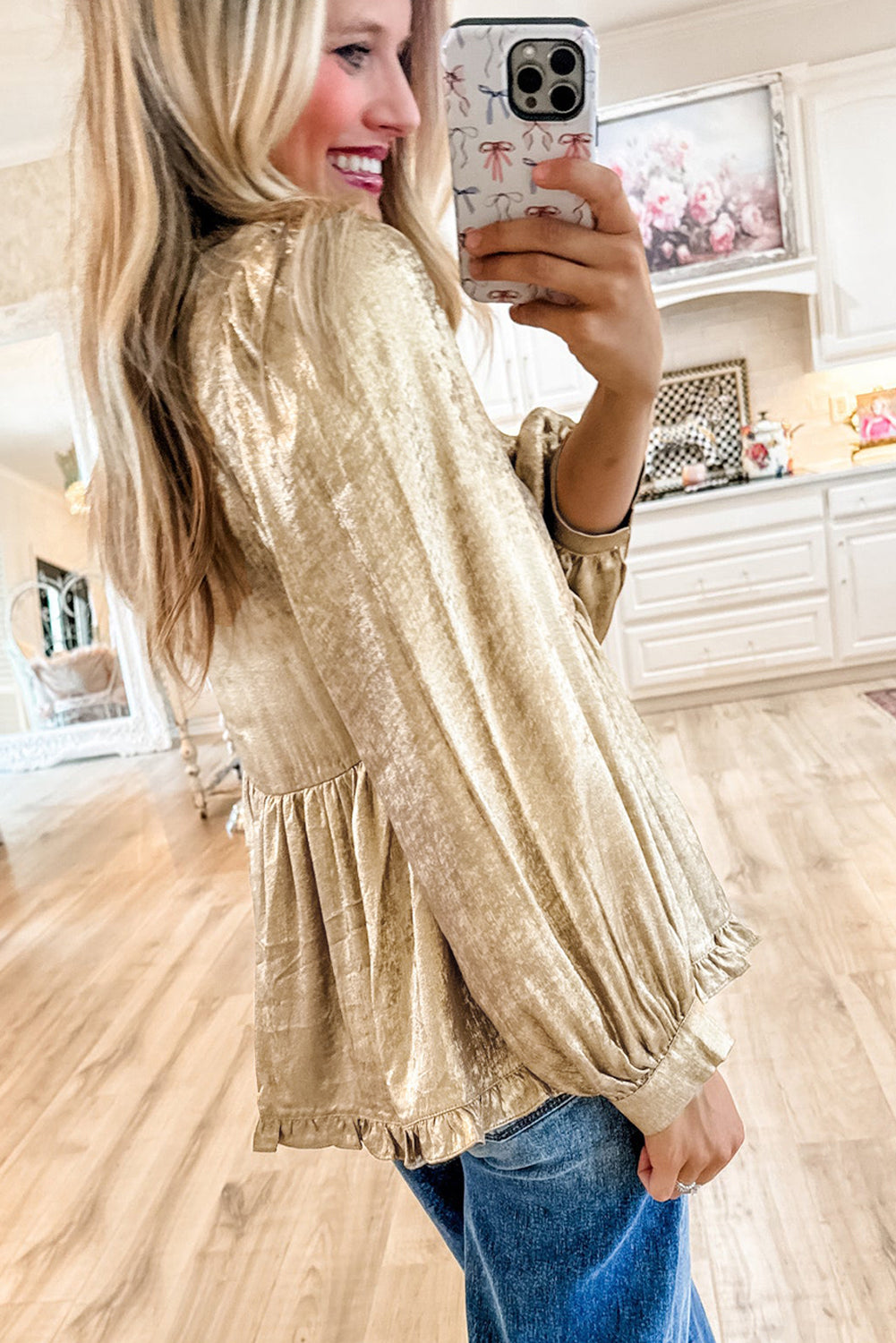 (Pre order/11.15)Metallic Frilled Puff Sleeve Babydoll Blouse